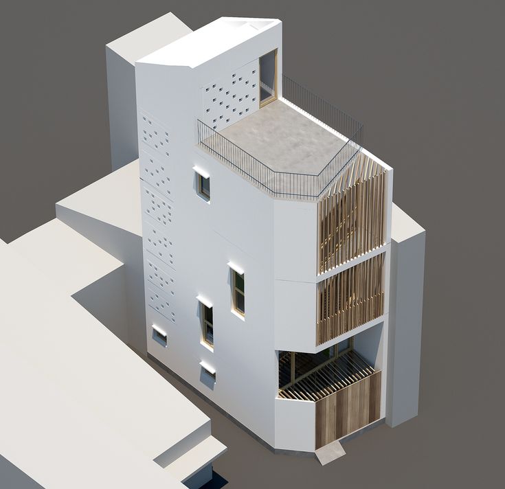 an architectural model of a building with balconies on the upper floor and second story