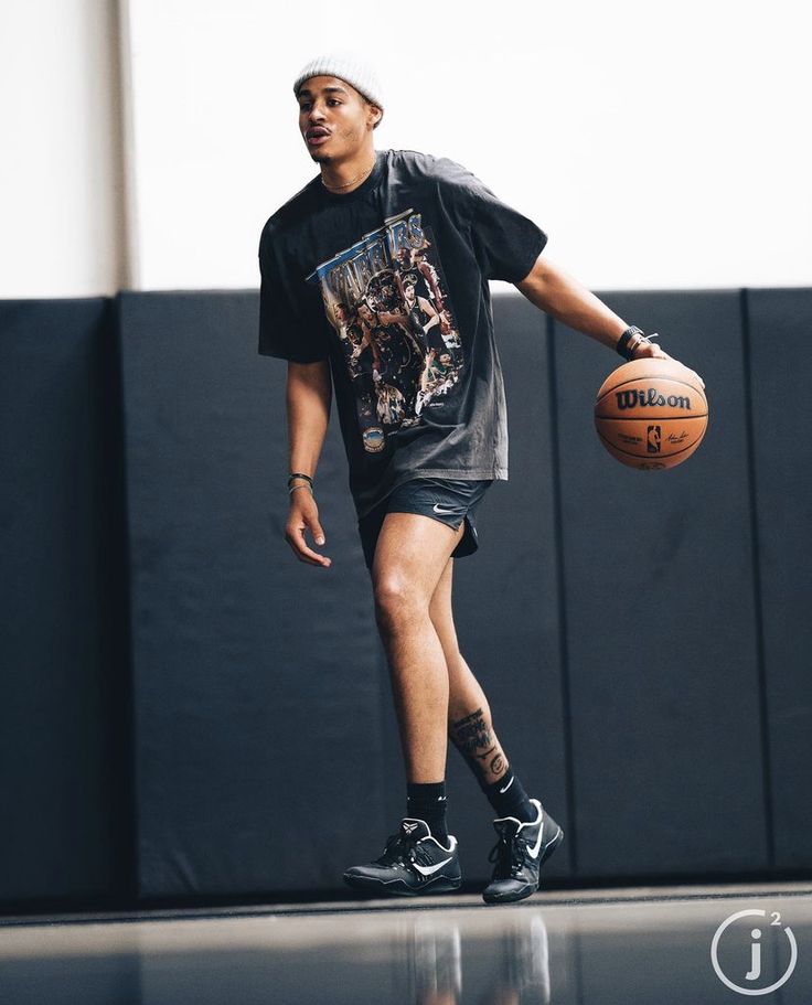 a man holding a basketball in his right hand and wearing black shoes on the court