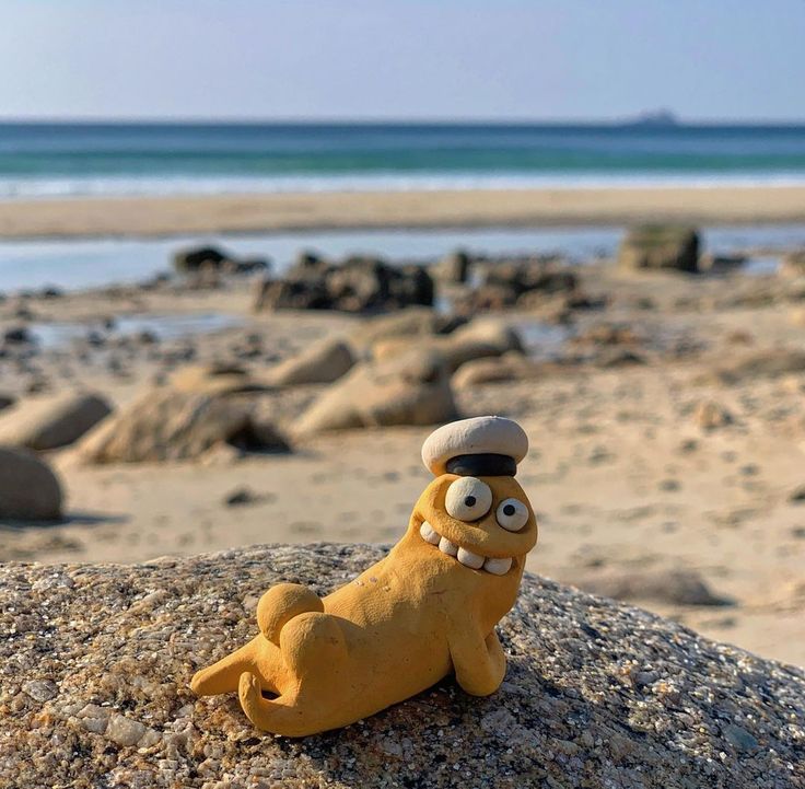 a yellow stuffed animal sitting on top of a rock next to the ocean and beach