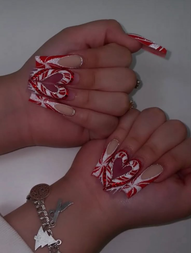 Red Christmas Nails Long Square, Santa Baby Nails, Winter Nails Inspo Aesthetic, Christmas Initial Nails, Christmas Nail Designs Black Women, Extravagant Christmas Nails, Xxl Christmas Nails, Maximalist Christmas Nails, Cute Winter Acrylic Nails