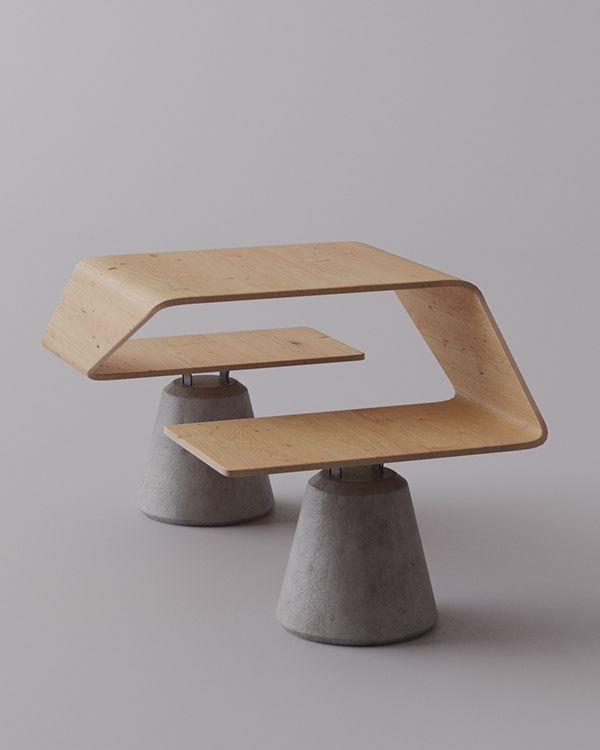 two wooden benches sitting on top of cement bases