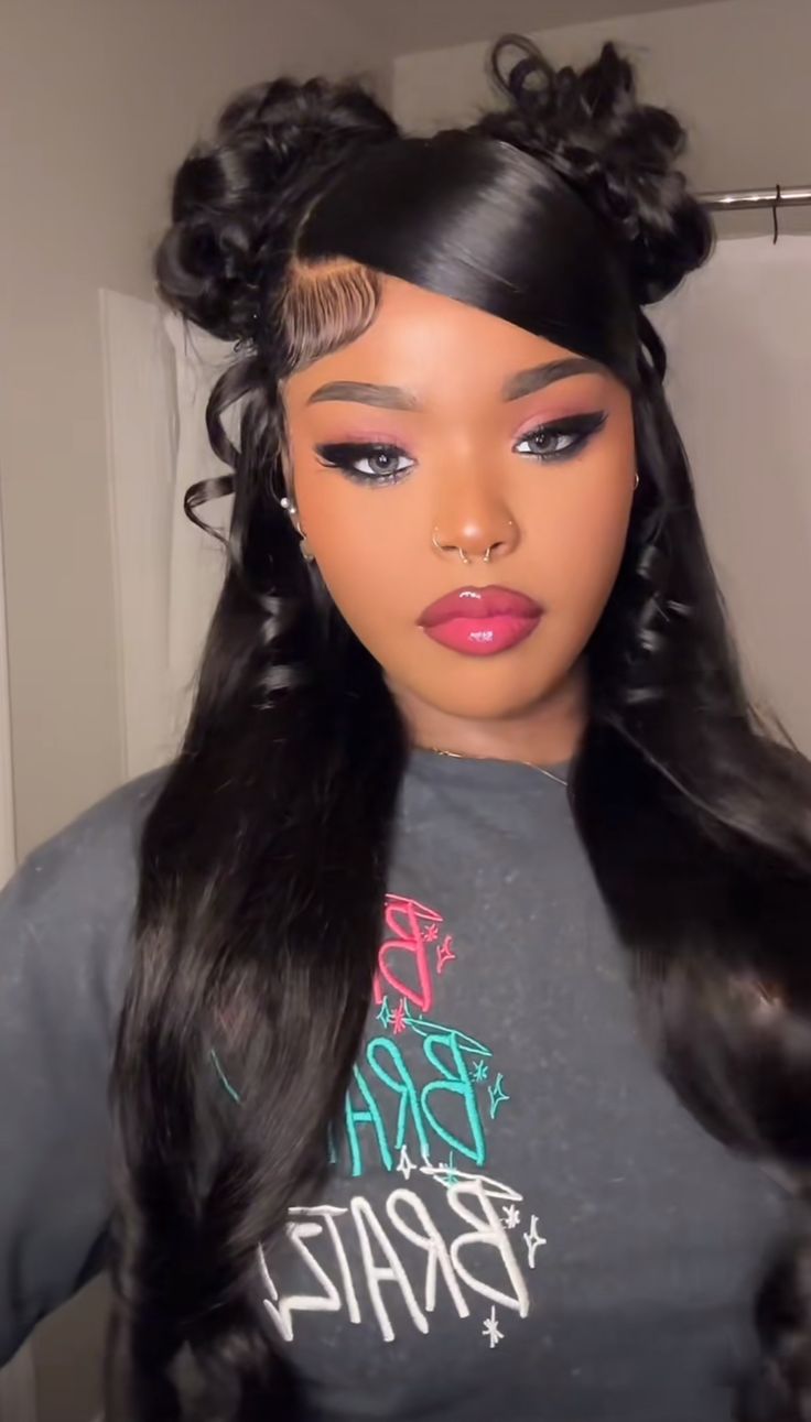 Frontal 2 Ponytail Hairstyles, Brats Doll Hairstyle, Wedding Styles Hair, Ponytail Hairstyles For Black Women Wig, Slayed Hairstyles Black Women, Prom Hairstyles For Long Hair Black, Baddie Hairstyles Lace Fronts, Half Up Half Down With Slick Bangs, Throw Back Hairstyles 90s