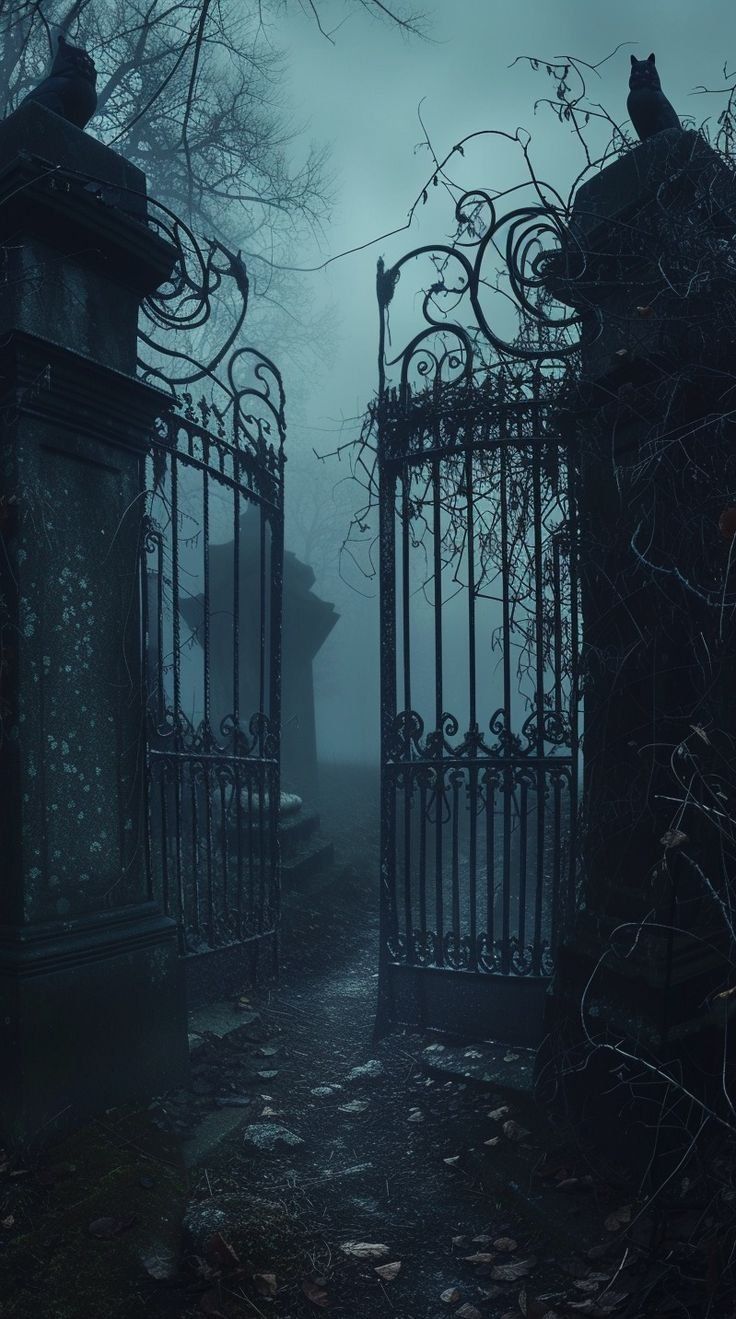 two gates in the middle of a cemetery on a foggy day