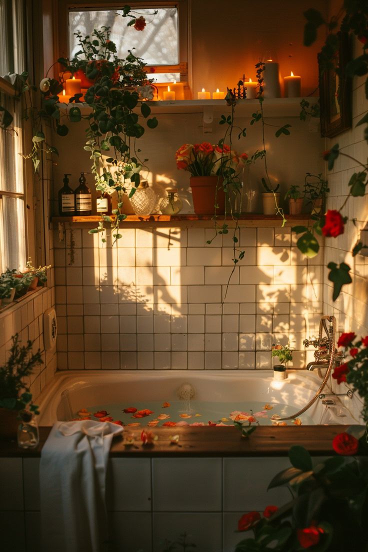 a bathtub filled with lots of flowers next to a window covered in candles and potted plants