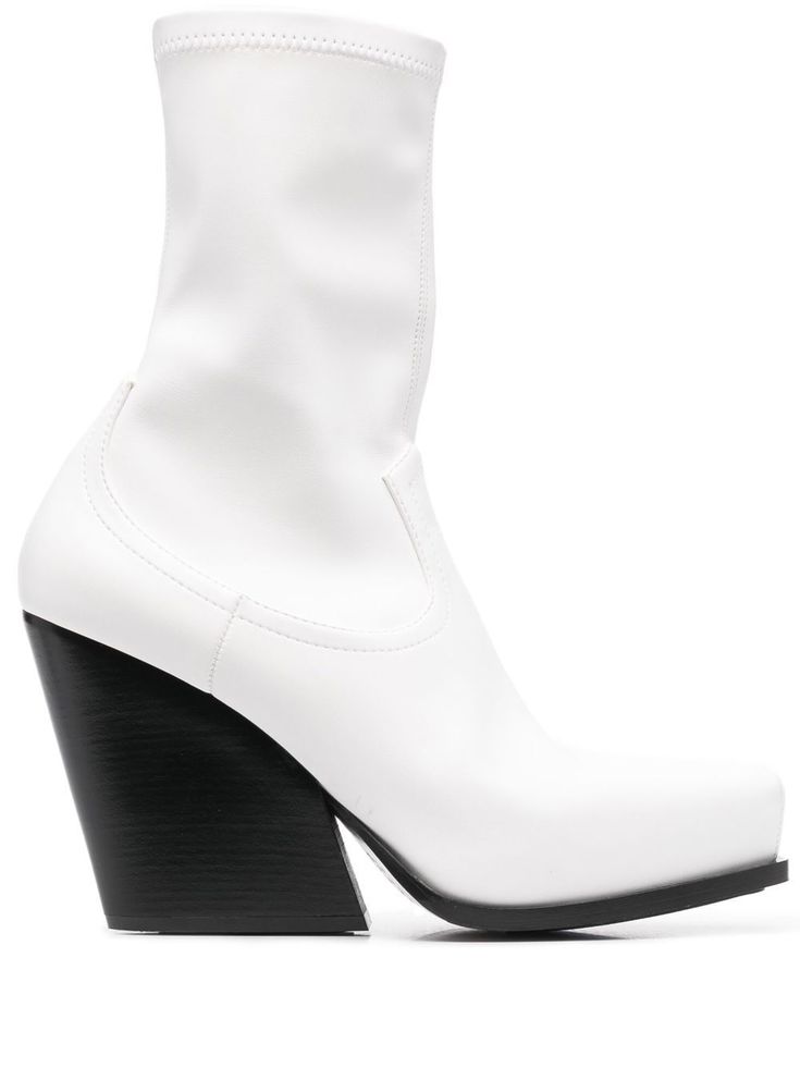 white faux leather Western-style panelling sock-style ankle side zip fastening square toe high block heel Luxury White Ankle Platform Boots, White Ankle-high Heeled Boots With Stacked Heel, Fitted White Ankle-high Platform Boots, Stella Mccartney Boots, White Mid-calf Boots With Stacked Heel And Pointed Toe, White Medium Width Ankle-high Platform Boots, Sock Style, Cowboy Ankle Boots, Black Cowboy