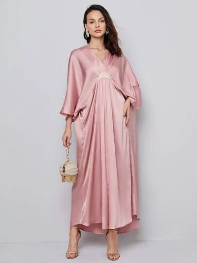 Search kaftan | SHEIN Satin Kaftan Dress, Kaftan Outfit, Satin Kaftan, Grad Outfits, Dress Inspo, Kaftan Dress, Satin Dress, Batwing Sleeve, Bat Wings