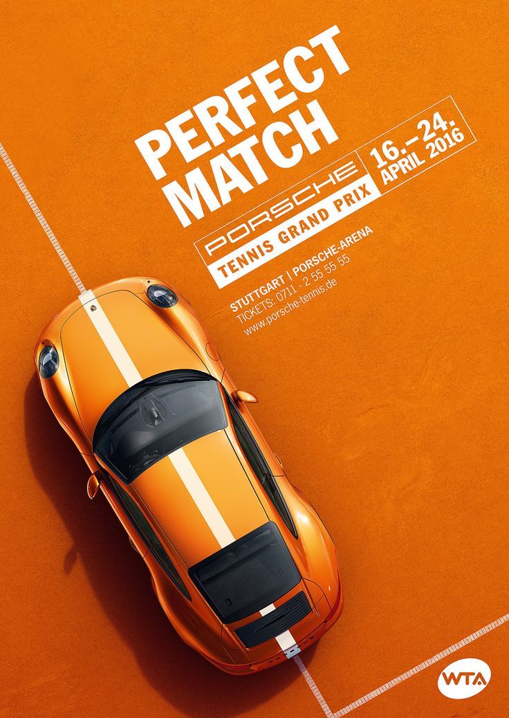 an orange sports car sitting on top of a tennis court next to the words perfect match