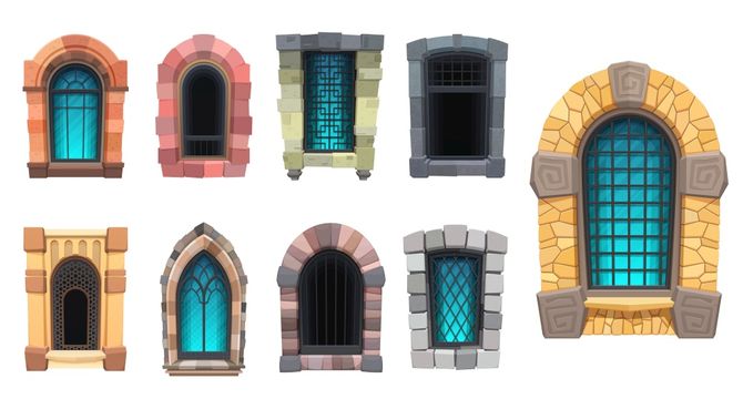 a set of windows with different shapes and sizes