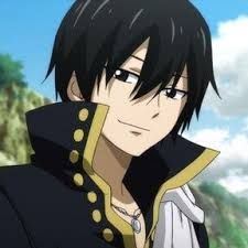 an anime character with black hair and gold trimmings in front of green trees