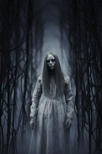 a creepy woman standing in the middle of a forest