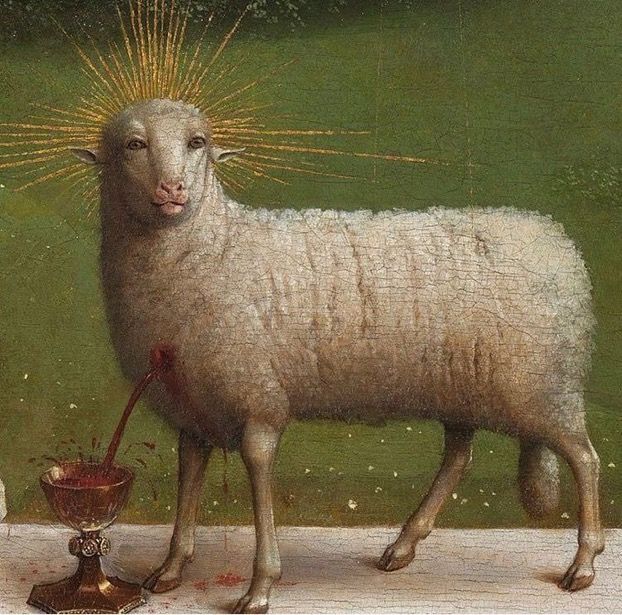 a painting of a sheep standing next to a bowl with something sprinkled on it