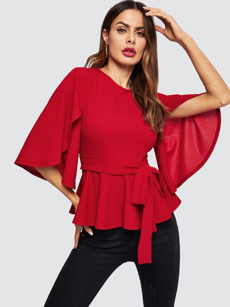 Split Sleeve Belted Peplum Blouse | SHEIN Womens Belt, Red Flare, Half Sleeve Tops, Fitted Blouses, Elegant Blouses, Peplum Blouse, Elegant Shirt, Red Blouses, Casual Blouse