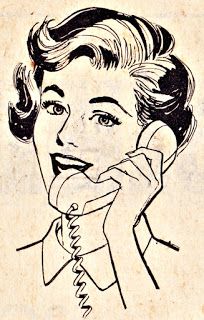 an old drawing of a woman talking on the phone