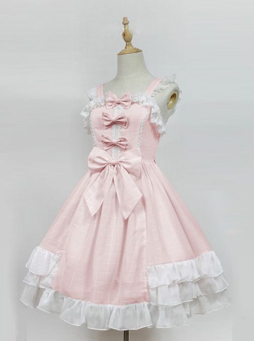 Cream Mousse Macarons Color Plaid Classic Lolita Sling Dress Pink Kawaii Dress, Spring Kawaii Dress With Ruffles, Pink Princess Dress, White Fairy Kei Dress With Bow, Cream Outfit, White Fairy Kei Dress With Ruffles, Kawaii Outfit Ideas, Pink Fairy Kei Mini Dress, Sling Dress