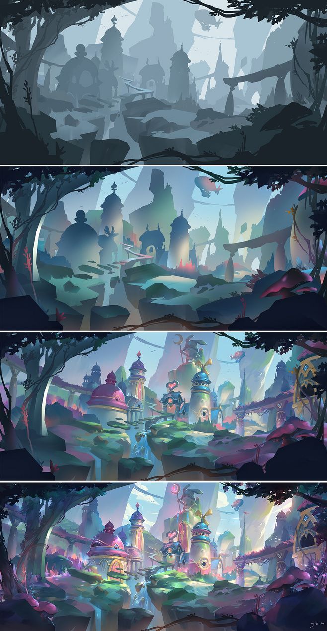 the concept art for an upcoming video game is shown in three separate panels, each with different