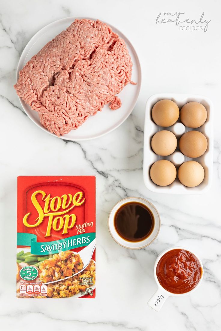 ingredients to make slow cooker hamburger patties laid out on a marble counter top