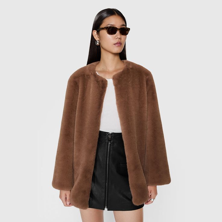 Timeless, classic, elegant describe our Vegan Faux Fur collarless jacket. Made from the most luxurious Vegan Fur this is the perfect go to coat; soft, warm and cozy. Looks great with your favorite jeans or a night out at dinner. | Rebecca Minkoff Vegan Fur Collarless Jacket In Vicuna - Size L Elegant Faux Fur Outerwear For Work, Elegant Faux Fur Coat For Fall, Elegant Long Faux Fur Coat, Classic Long Sleeve Fur Coat For Fall, Chic Outerwear With Faux Fur Lining For Work, Classic Fur Coat For Work In Fall, Elegant Outerwear With Faux Fur, Elegant Mink Outerwear With Faux Fur Lining, Elegant Mink Outerwear For Fall