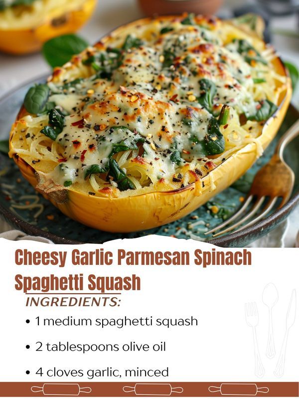 an advertisement for cheesey garlic parmesan spinach spaghetti squash with ingredients on it