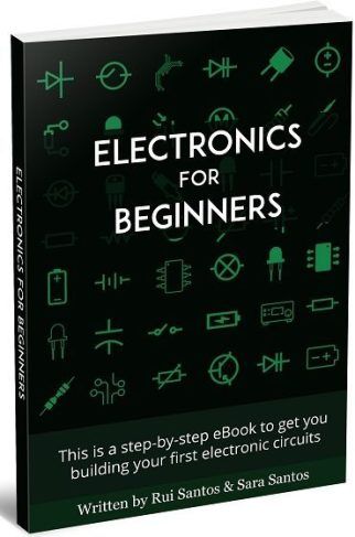 electronics for beginners book cover with green symbols on black background and white lettering