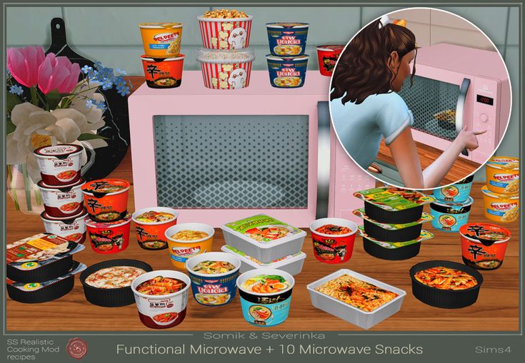 an image of a woman cooking food in front of a microwave with many containers on the table