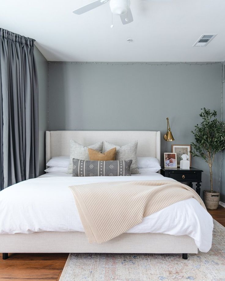 a bedroom with gray walls and white bedding, wooden flooring and a ceiling fan