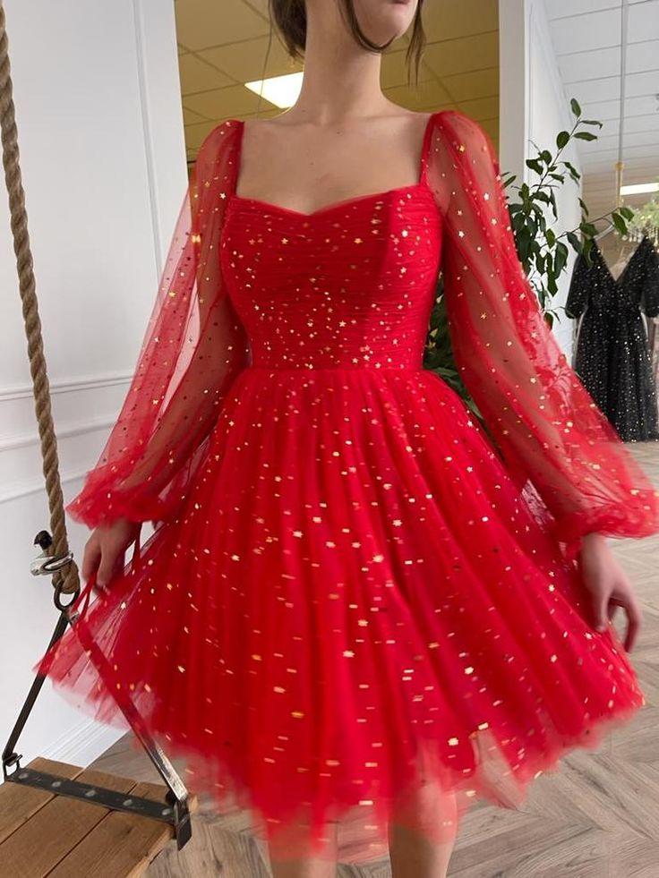 Scarlet Red Mini Dress | Teuta Matoshi Tulle Short Dress, Prom Dress Red, Tulle Cocktail Dress, Short Red Prom Dresses, Long Sleeve Homecoming Dresses, Formal Dresses Graduation, Long Sleeve Cocktail Dress, Tulle Ball Gown, Red Prom