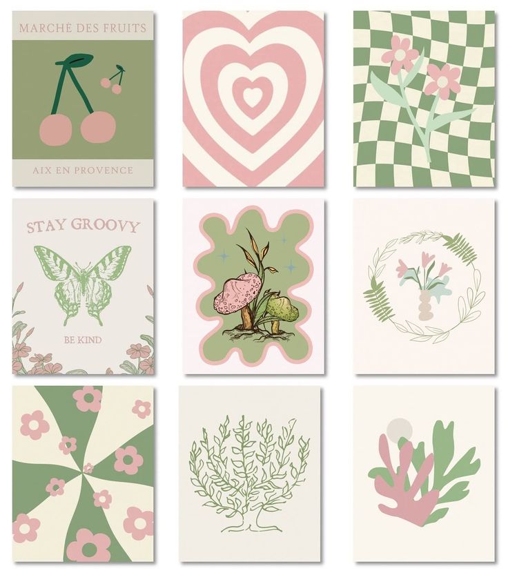 six cards with different designs on them in pink, green and white colors are shown