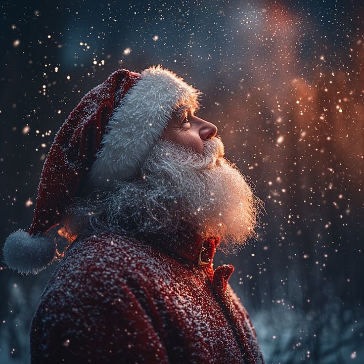 a man in a santa claus hat looking up at the sky with snow falling on him