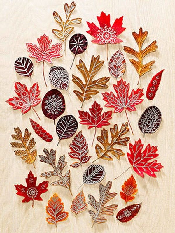 fall leaves are arranged in the shape of a circle with words that read, beautiful leaf crafts for kids - press leaves in heavy book for 10 days