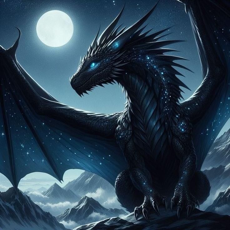 a black dragon sitting on top of a mountain under a moon filled sky with stars