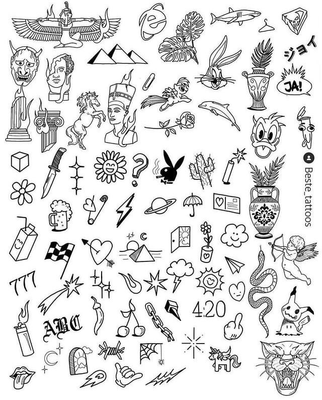 an assortment of tattoo designs on white paper