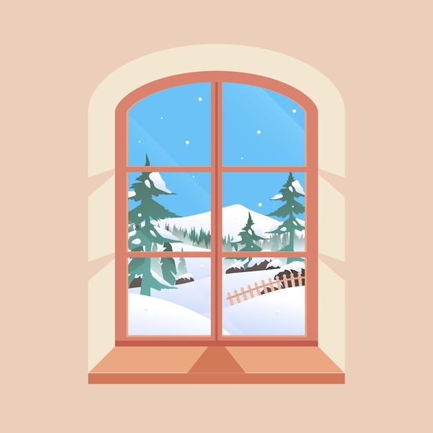 an open window with a snowy landscape outside