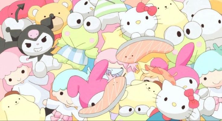 a large group of hello kitty and other cartoon characters