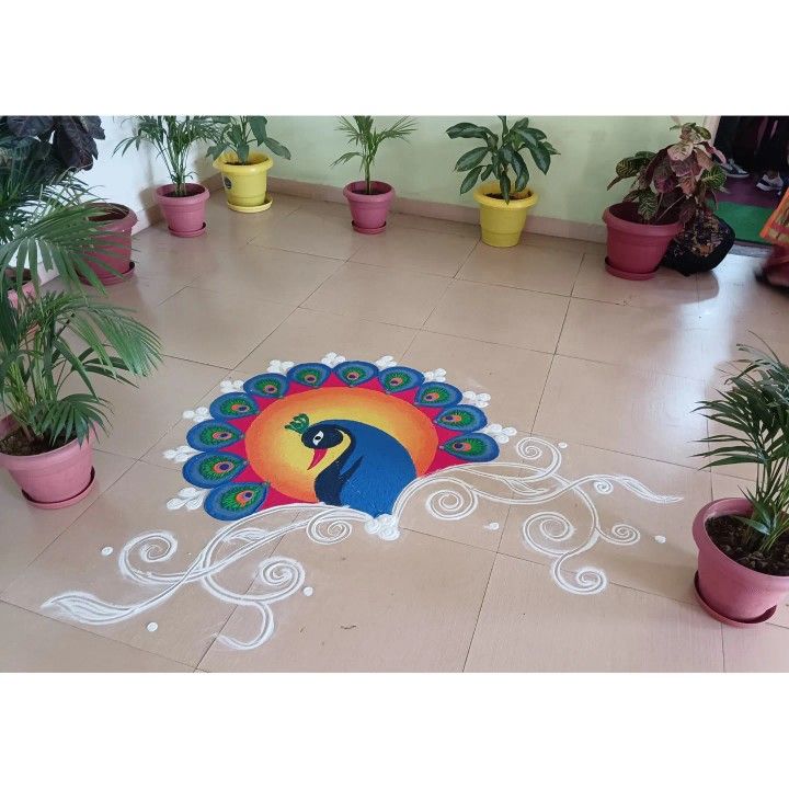 a decorated floor with potted plants in the middle and a colorful peacock on it