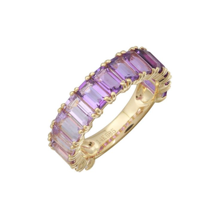 14K Gold Purple Amethyst Ombré Emerald Cut 3/4 Band Showstopping 14K Gold Purple Amethyst (various shades) and White Topaz Ombré Emerald Cut 3/4 Band. This must-have ring is fantastic on its Own or Stacked with Others! Some people prefer this ring as a 3/4 versus eternity as it is less bulky and very easy to size with your local jeweler. Available in rose gold, yellow gold, and white gold. Ring comes in two sizes, small with 3x4 mm stones and large with 3x5 mm stone. Amethyst is the birthstone f Amethyst Ring Band, Calm Mindset, Emerald Cut Eternity Band, Daughter Ring, Bezel Set Diamond Ring, Love Affection, Gold Color Ring, Sense Of Self, Purple Jewelry