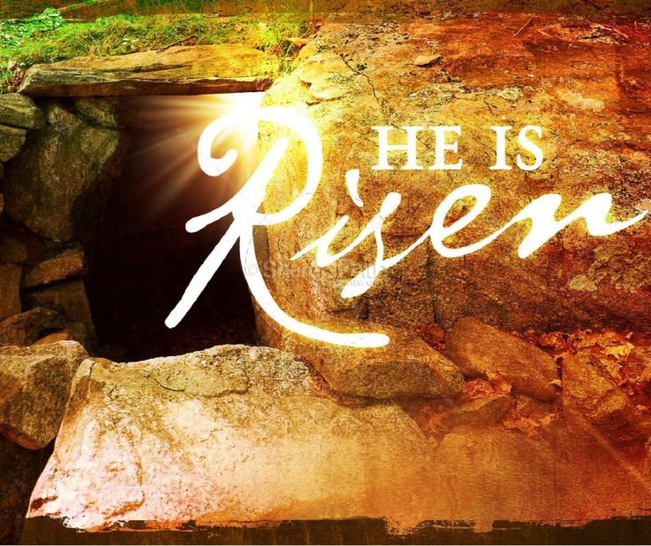 an image of a cave with the words he is risen