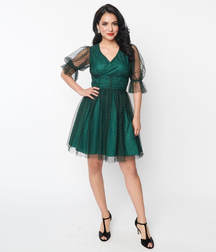 Unique Vintage Emerald Clip Dot Shirred Babydoll Dress - Unique Vintage - Womens, DRESSES, BABYDOLL Style Babydoll Dress, Dresses Materials, Uv Clothing, Unique Vintage Dresses, Plus Size Cocktail Dresses, Guest Attire, 1950s Style, Wedding Attire Guest, Surplice Neckline