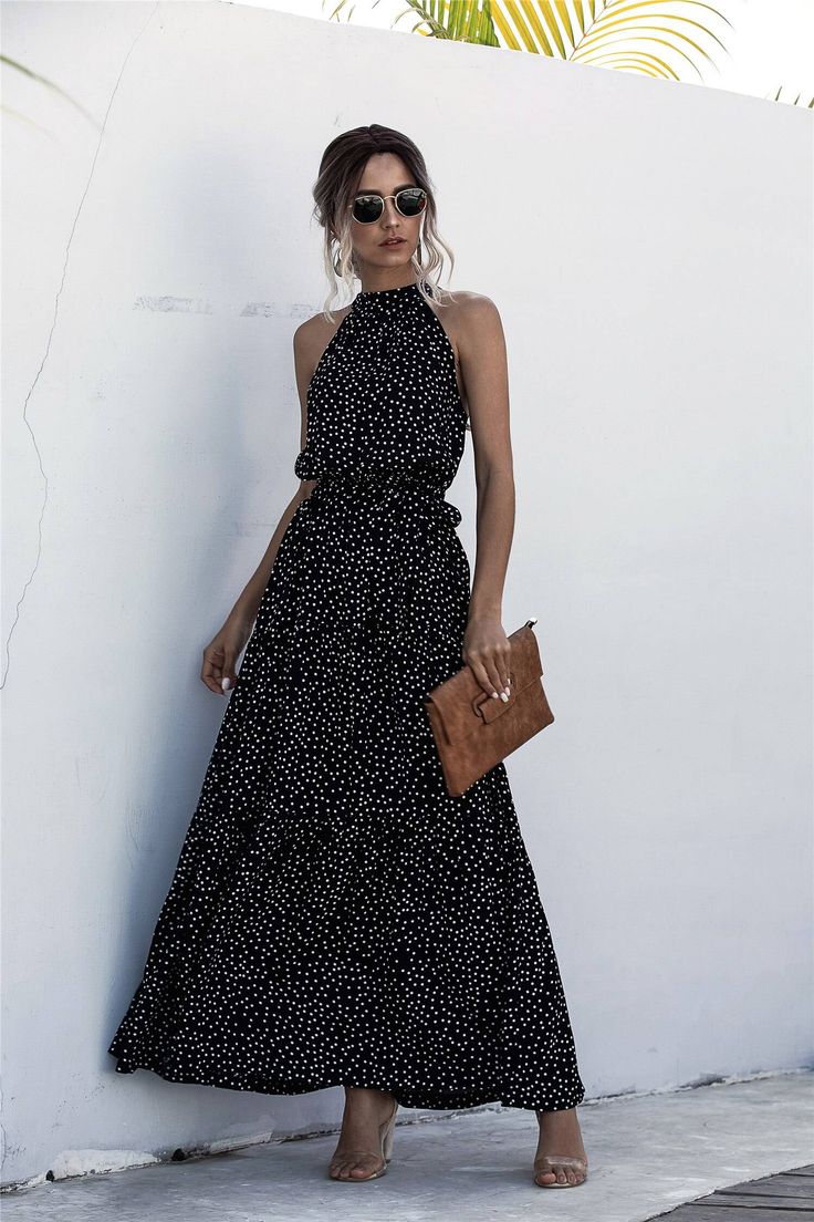 Floral Print Halter Strapless Long Dress Strapless Long Dress, Dot Print Dress, Polka Dot Maxi Dresses, Tie Maxi Dress, Beach Maxi Dress, Crewneck Dress, Polka Dress, Dress With Tie, Vacation Dresses