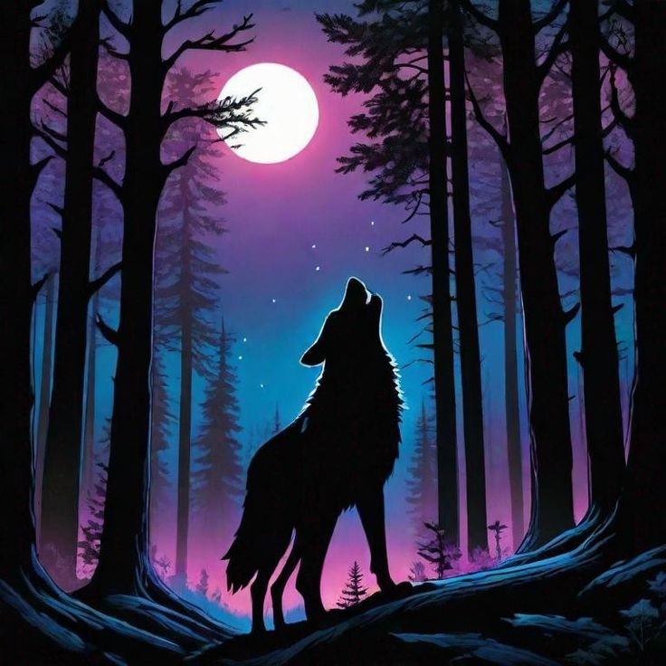 a wolf standing in the middle of a forest under a purple and blue full moon