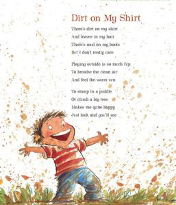 an illustrated children's book about dirt on my shirt, featuring a young boy standing in the grass with his arms outstretched