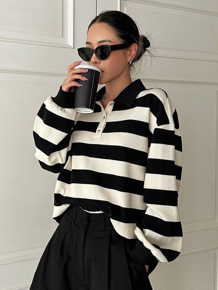 Striped Tshirt Outfits, Long Sleeve Polo Outfit, Polo Shirt Outfit Women's, Outfits With Striped Shirts, Shein Finds, Polo Shirt Outfits, Polo Outfit, Drop Shoulder Sweatshirt, Shein Outfits