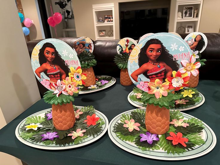 plates decorated with moan the pooh character and flowers on a table in a house