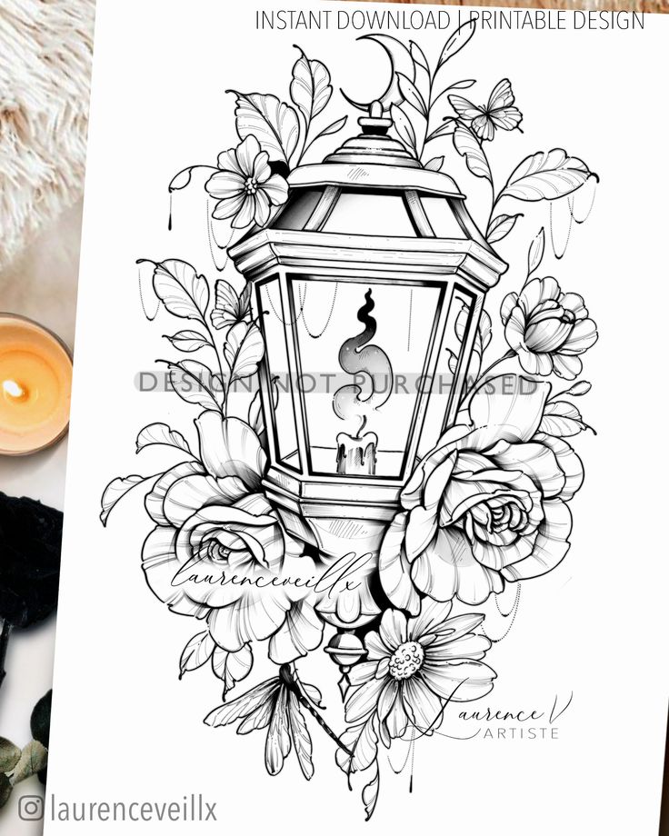 an ink drawing of a lantern surrounded by flowers and leaves with candles on the side