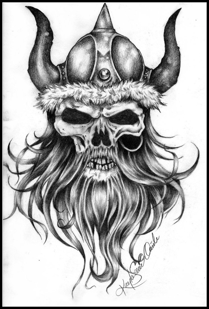 a drawing of a skull wearing a viking helmet with horns and beards on it