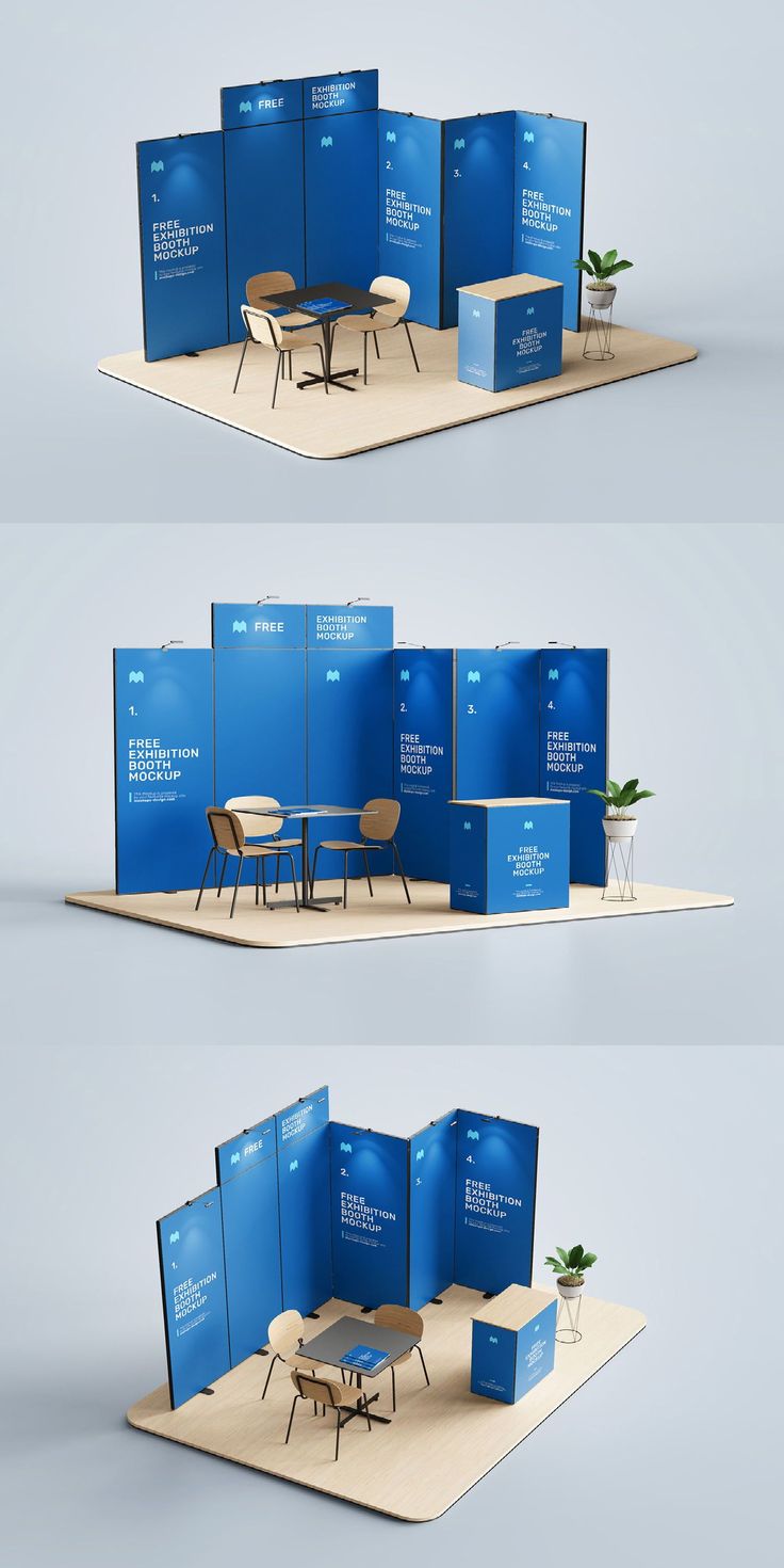 three different views of a table and chairs in front of a blue screen with text on it