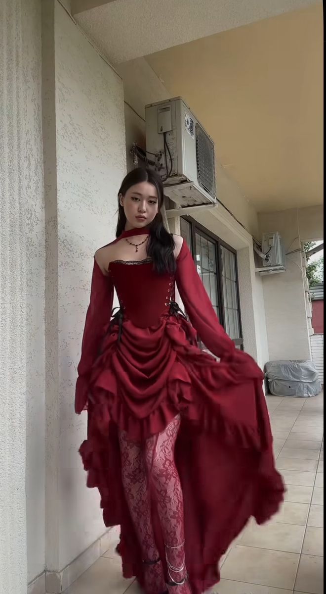 Red Assymetrical Dress, Red Romantic Dress, Red Dress Grunge, Dress With Blouse Underneath, Royal Red Aesthetic, Opera Aesthetic Outfit, Blood Stained Dress, Vampy Dress, Dress Types