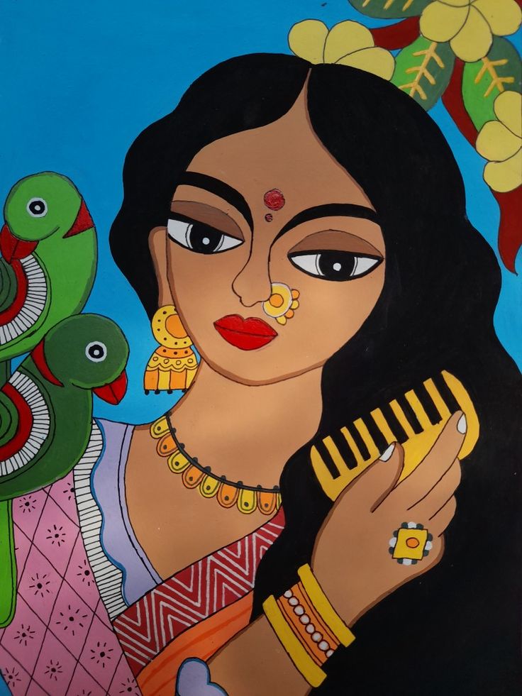 Mithila painting Madhubani Painting Woman, Mithila Art Design, Postal Colour Painting, Folk Art Drawing Ideas, Mithila Painting Indian Folk Art, Mithila Painting Design, Indian Folk Art Painting Easy, Indian Acrylic Painting, Madhubani Drawing Indian Paintings