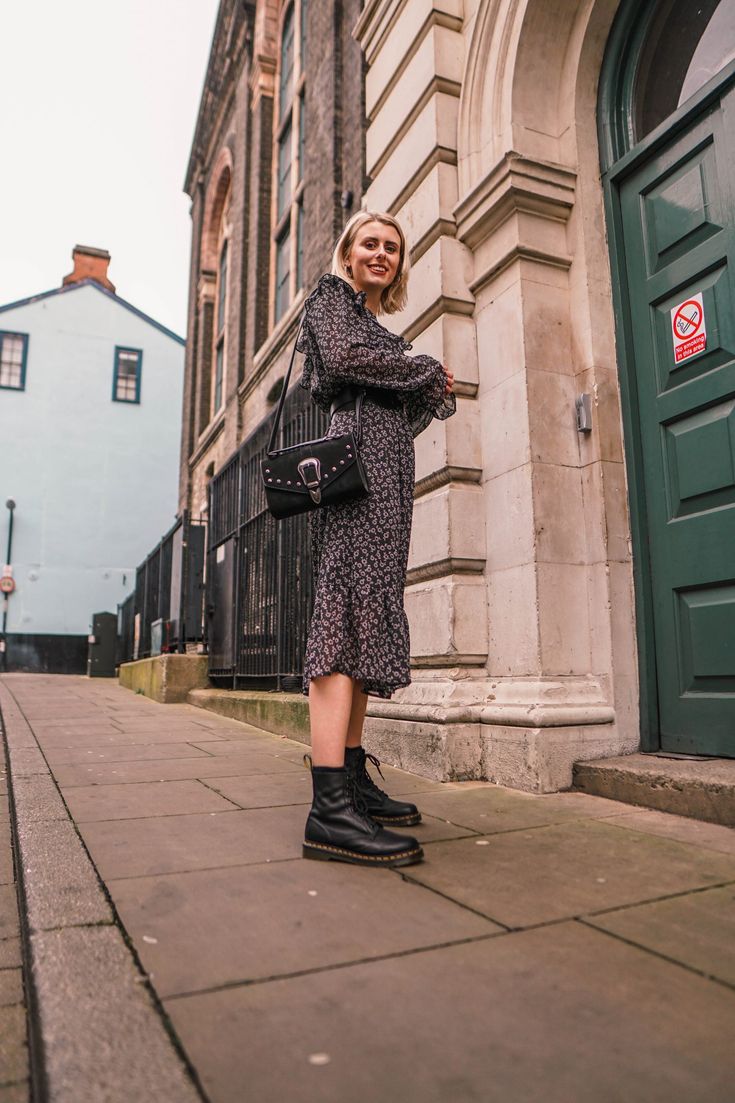 Dr Martens Midi Dress, Mid Size Doc Martens Outfit, Dr Martens Clemency Boots, Dr Martin Chelsea Boots With Dress, Dr Martens Flora Chelsea Boots Outfit, Dr Martens Leather Skirt, Dr Martin Sinclair Boots, Dm Outfits, How To Style Dr Martens