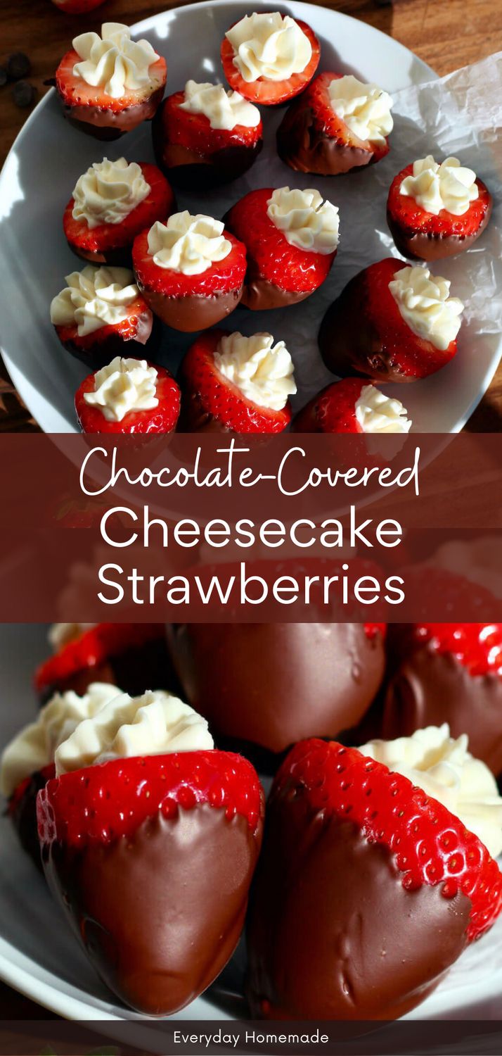 chocolate covered cheesecake strawberries on a white plate with text overlay that reads chocolate covered cheesecake strawberries