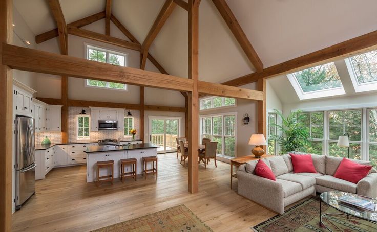 a living room filled with furniture next to a kitchen and an open concept floor plan